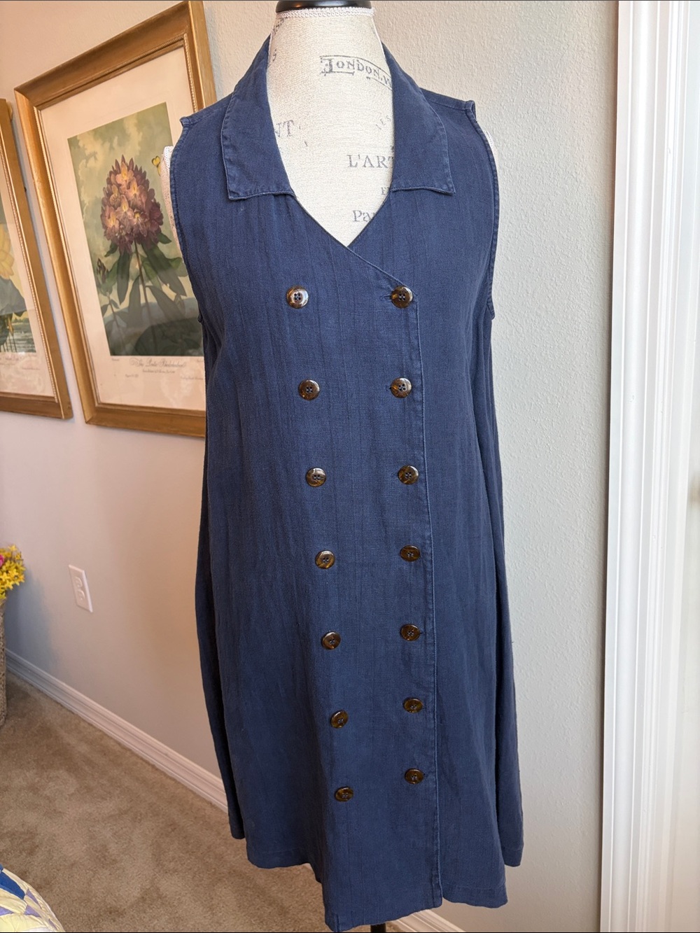 Kiko Navy Linen Double-Breasted Sleeveless Midi Dress with Collar